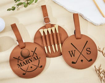 Personalized Leather Golf Bag Tag,Custom Engraved Golf Bag Tag,Golf Tee Holder,Monogrammed Golf Accessory Gift,Father's Day Golf Gift