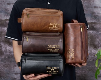 Personalized Christmas Gifts for Him, Men's Travel Bag, Groomsmen Proposal Gifts, Engraved Leather Toiletry Bag,Men's Dopp Kit,Anniversary