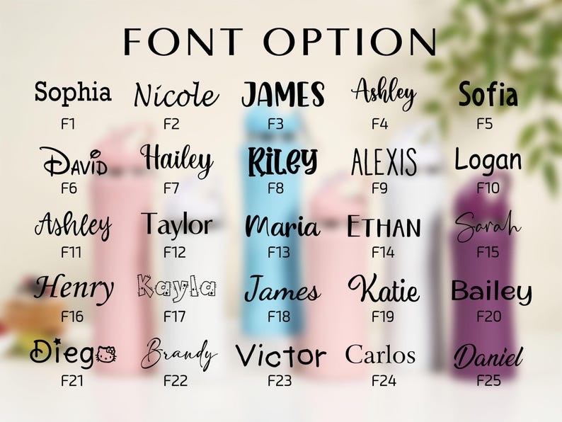 May include: Image showcasing various font options for personalized items. Names like Sophia, James, and Ashley are displayed in different fonts, labeled F1 through F25. The text "FONT OPTION" is at the top.