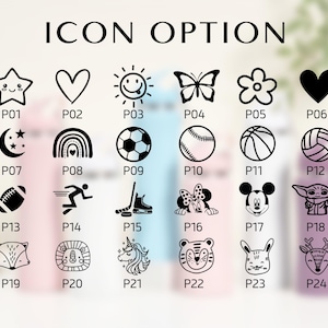 May include: Image featuring a selection of black and white icon options, including a star, heart, sun, butterfly, flower, and more. The text "ICON OPTION" is at the top. The icons are numbered P01 through P24.