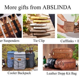 May include: A collection of personalized gifts for men, including leather suspenders, a tie clip, cufflinks in a wooden box, a cooler backpack, and a leather dopp kit bag.
