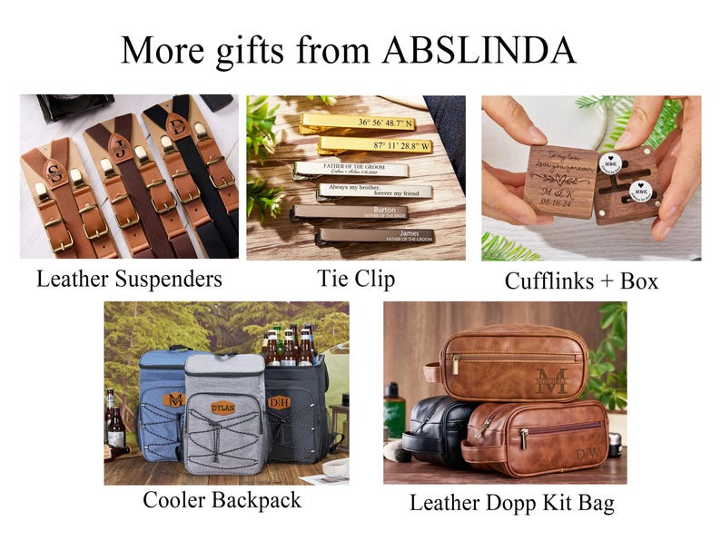May include: A collection of personalized gifts for men, including leather suspenders, a tie clip, cufflinks in a wooden box, a cooler backpack, and a leather dopp kit bag.