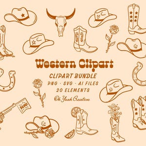 May include: A set of 20 western clipart elements in brown and orange. The elements include cowboy hats, boots, horseshoes, a skull, a gun, and flowers. The text "Western Clipart" is in a bold font.