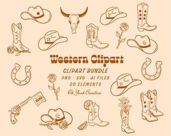 May include: A set of 20 western clipart elements in brown and orange. The elements include cowboy hats, boots, horseshoes, a skull, a gun, and flowers. The text "Western Clipart" is in a bold font.