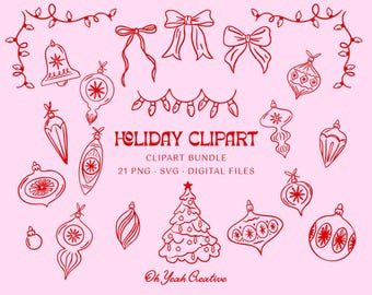 Peut inclure: Un ensemble de 21 illustrations de Noël rouges, comprenant des ornements, des cloches, un sapin de Noël et des lumières. Les illustrations sont de style dessiné à la main et sont parfaites pour ajouter une touche festive à vos projets.