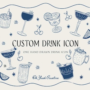 Illustrazioni di cocktail e drink personalizzati disegnati a mano, icone di cocktail per menu di drink, cancelleria, design.