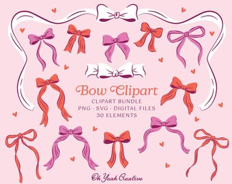 May include: A set of 30 digital clipart illustrations of pink and orange bows with white ribbons. The bows are in various styles and sizes. The text "Bow Clipart" is written in a pink and orange font. The text "Clipart Bundle" is written in a smaller font below the title. The text "PNG - SVG - DIGITAL FILES" is written in a smaller font below the bundle text. The text "30 Elements" is written in a smaller font below the digital files text. The text "Oh Yeah Creative" is written in a smaller font at the bottom of the image.