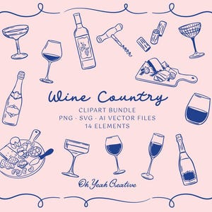 Handgetekende illustraties wijn en champagne, wijnclipart, doe-het-zelfuitnodiging, drankmenu, briefpapierontwerp. SVG-png-vector. Direct downloaden