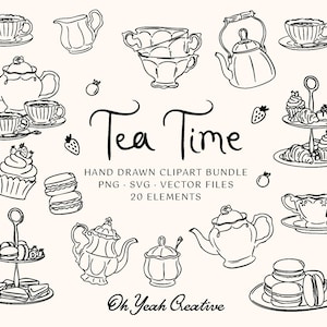 Ilustrações de conjunto de chá desenhado à mão, ícones de hora do chá para menu de bebidas, chá de panela, ícones de convite para festa do chá, SVG e PNG, download instantâneo