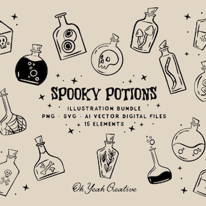 May include: A set of 15 black and white illustrations of spooky potion bottles with various Halloween-themed designs, including skulls, eyes, snakes, spiders, and mushrooms. The text "SPOOKY POTIONS" is written in a bold, decorative font.