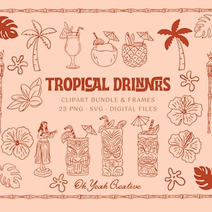 Illustrations dessinées à la main de Tiki et de boissons tropicales, boissons Tiki, icônes d'invitation de fête Luau, SVG et PNG, téléchargement immédiat