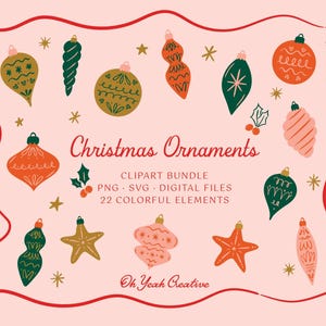 Décorations de Noël PNG Clipart, décorations de Noël colorées pour faire-part, papeterie, design. Téléchargement numérique SVG PNG, téléchargement immédiat
