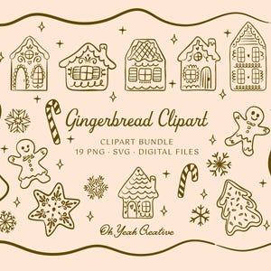 Whimsical Christmas Gingerbread PNG SVG Clipart, Ilustrações de Casas de Gingerbread desenhadas à mão para Convites. Download instantâneo