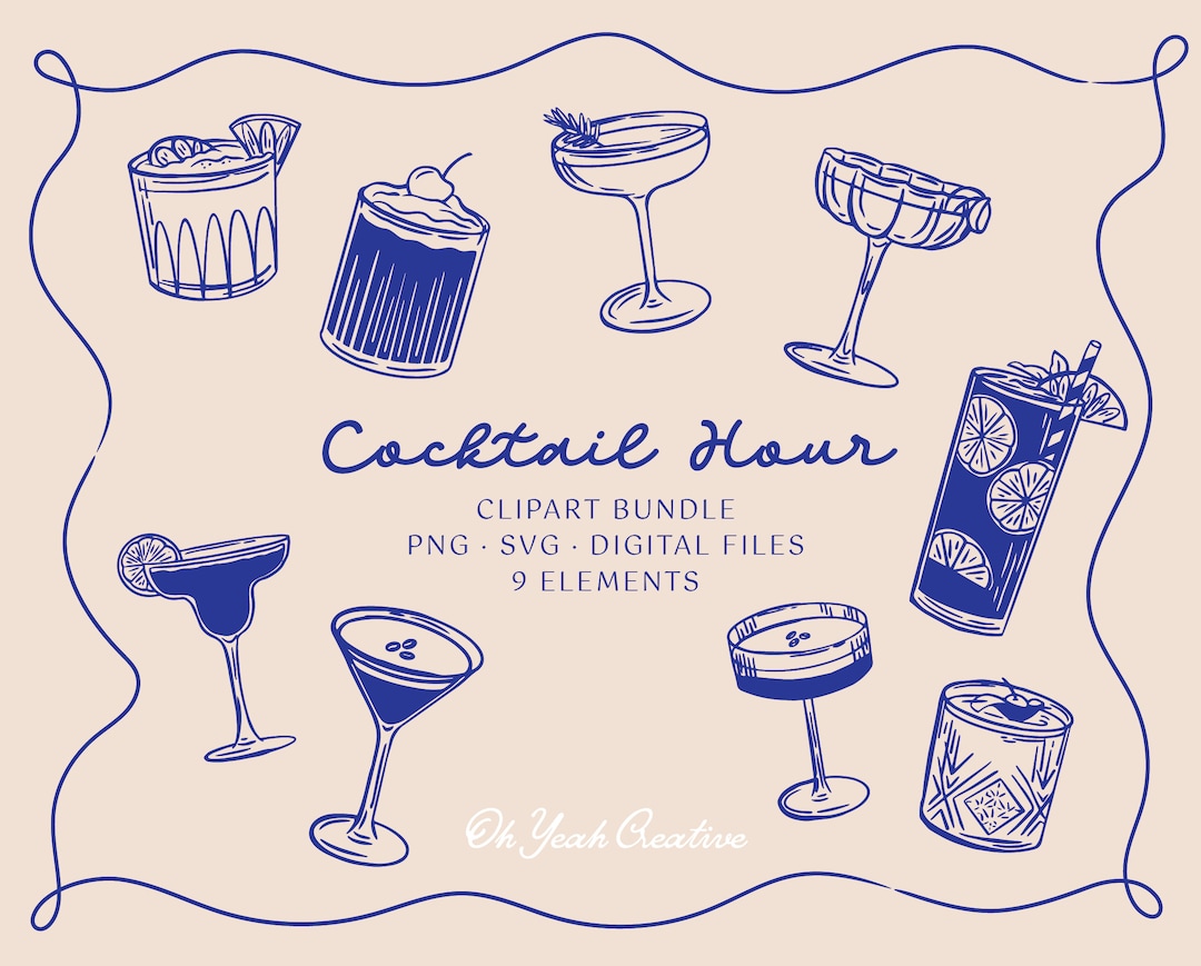 Hand Drawn Cocktail Clipart: Drink Menu Icons (SVG, PNG Digital ...