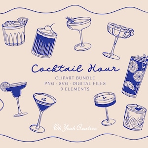 Handgetekende cocktail & drankjes illustraties, cocktail iconen voor drankmenu, briefpapier, design. Digitale download SVG-PNG, direct downloaden