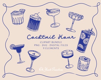 Hand Drawn Cocktail Clipart: Drink Menu Icons (SVG, PNG Digital Download)