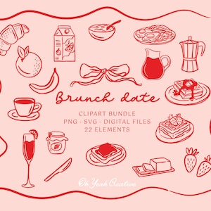 Ilustrações de Brunch caprichosas desenhadas à mão, ícones de Brunch para convites, papelaria, design. Download digital SVG PNG, Download instantâneo