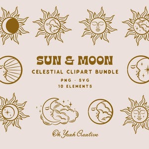 Hemelse illustraties, mystieke maan, zon en sterren voor uitnodigingen, briefpapier, ontwerp. Digitale download SVG-PNG, direct downloaden