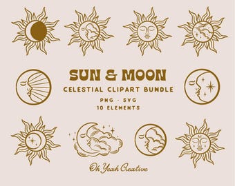 May include: A set of 10 celestial clipart illustrations featuring suns and moons in various styles. The illustrations are in a gold color and have a vintage aesthetic. The text "SUN & MOON CELESTIAL CLIPART BUNDLE PNG SVG 10 ELEMENTS Oh Yeah Creative" is included in the image.