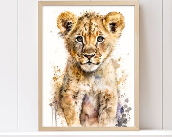 Aquarelle bébé lion pour décoration de chambre d'enfant, Lion aquarelle animaux de safari, chambre d'enfant impression art mural, Lion sur fond neural - téléchargement numérique