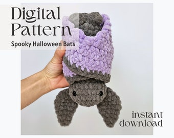 Pode incluir: Um padrão de crochê para fazer um morcego de Halloween assustador. O morcego é cinza e roxo e tem olhos grandes. O padrão está disponível para download instantâneo.