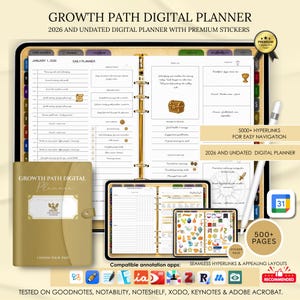 May include: A digital planner with a gold cover and a black tablet displaying daily planner pages. The planner includes the text "Growth Path Digital Planner" and "2026 and Undated Digital Planner with Premium Stickers". The image also shows a stylus and a sticker pack.