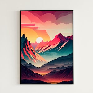 Abstract Mountain Range Wall Decor Hiking Print Beautiful Scenery Nature Print Colorful Illustration Gift for Mountain Lover Above Bed Decor