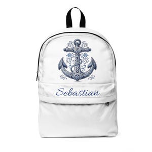 Sac à dos personnalisé avec motif ancre, cartable classique, sac de voyage tendance, cadeau nautique, sac unisexe au quotidien, bleu Delft, ancre