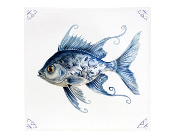 Delft blue Fish, Delft blue tile, tile, Delft blue tiles, delft blue, fish, tropical fish, delft blue, kitchen tile, bathroom tile, wall art