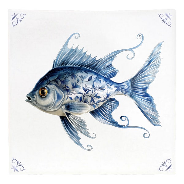 Delfter blauer Fisch, Delfter blaue Fliese, Fliese, Delfter blaue Fliesen, Delfter Blau, Fisch, tropische Fische, Delfter Blau, Küchenfliesen, Badezimmerfliesen, Wandkunst