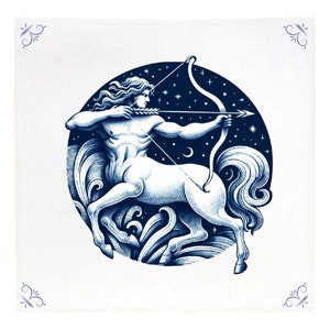 May include: A blue and white illustration of a centaur with a bow and arrow, set against a starry night sky. The centaur is a mythical creature with the upper body of a human and the lower body of a horse.