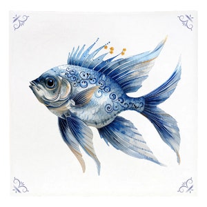 May include: A blue and white fish with intricate details, painted in a watercolor style. The fish has a long, flowing tail and fins, and its body is covered in delicate swirls and patterns.