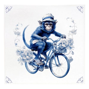 Delft Blue, Delft Blue Tile Ceramics, Delft Blue Monkey, Chimpanzee, Delft Blue Chimpanzee, Monkey Tile, Artis, Delft Blue Bicycle