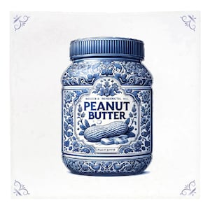 Puede incluir: Un tarro de crema de cacahuete de cerámica azul y blanco con un diseño floral. La etiqueta dice "NOUDER & NON-DENTICAL MIL. PEANUT BUTTER".