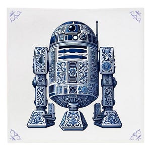 Puede incluir: Una ilustración azul y blanca de un robot con intrincados diseños florales. El robot está de pie sobre un fondo blanco.