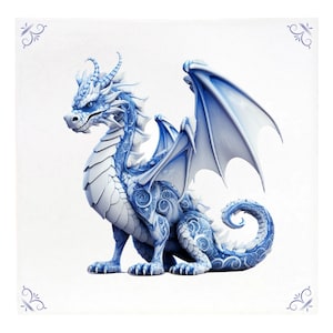 Puede incluir: Una figurita de dragón de cerámica azul y blanca con detalles intrincados. El dragón tiene las alas extendidas y una cola enroscada.