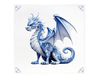 Dragon, Delft blue, Delft Blue tile, dragons, tile, wall art, kitchen decor, backsplash, bathroom decor, blue dragon, ceramic