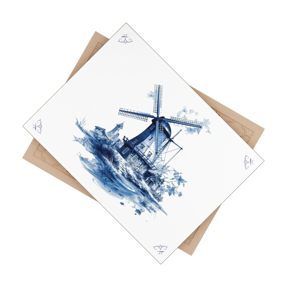 風車、デルフトブルータイル、セラミックタイル、6インチ x 8インチ