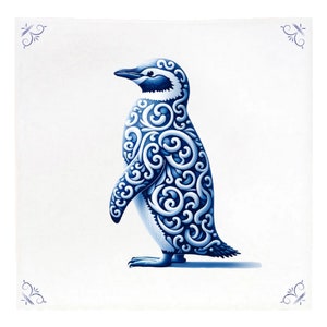 May include: A blue and white penguin illustration with intricate swirling patterns. The penguin is standing on a white background with a blue and white border.