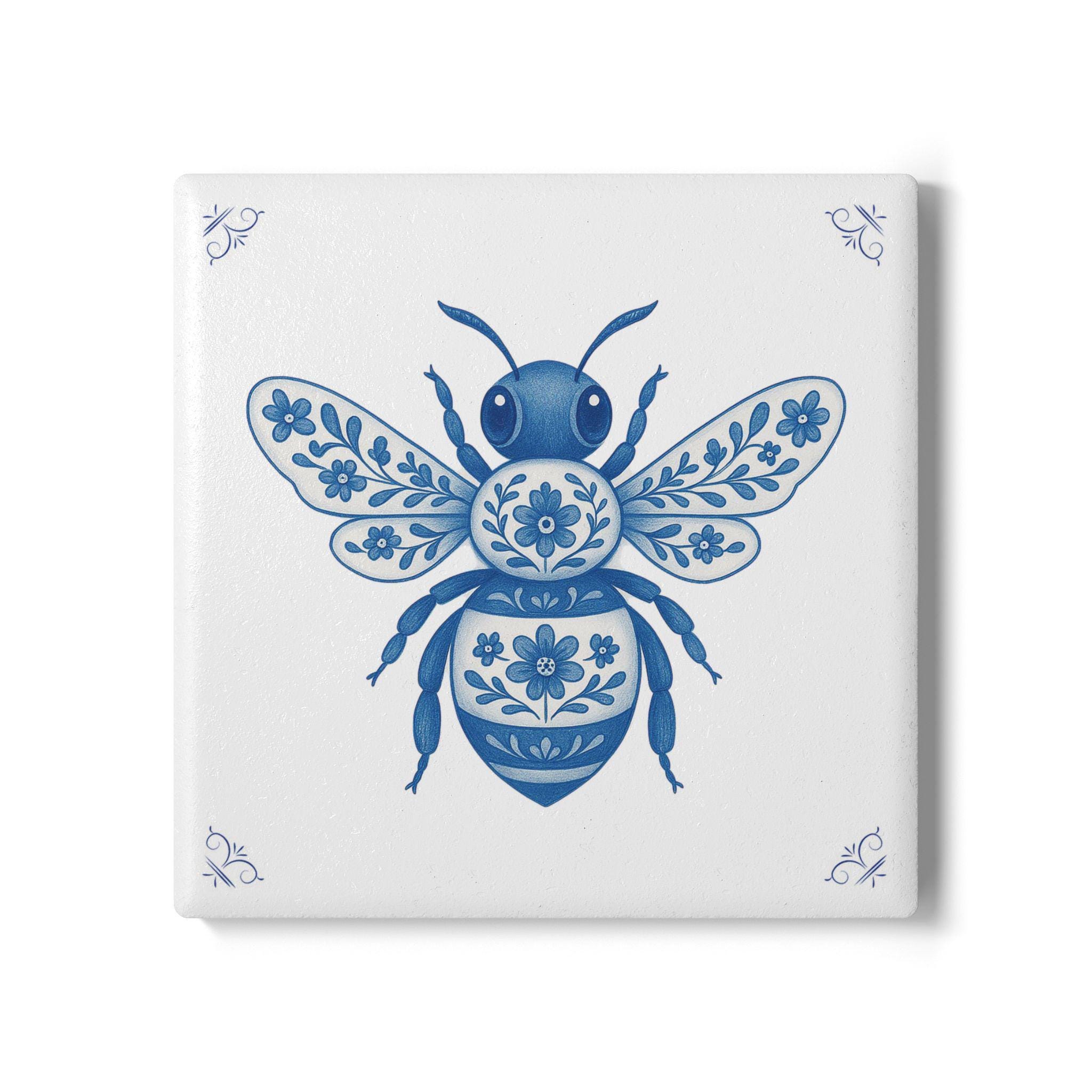 Bee, 3.94x3.94 Inch, Delft Blue, Ceramic Tile, Delft Blue Tile