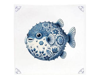 Puffer fish, tile, delft blue, kitchen tile, bathroom tile, backsplash, sealife decor, sealife tile, fish decor, coastal backsplash, fish