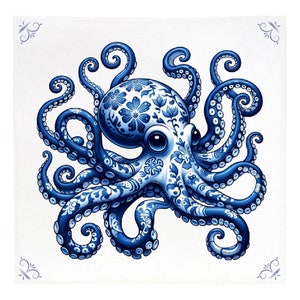 Octopus, tile, delft blue, kitchen tile, bathroom tile, wall art, kitchen, delft blue tile, blue ceramic, backsplash, Sealife, Sea, Ceramic