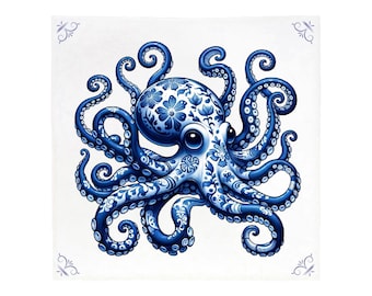 Octopus, tile, delft blue, kitchen tile, bathroom tile, wall art, kitchen, delft blue tile, blue ceramic, backsplash, Sealife, Sea, Ceramic