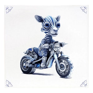 May include: A blue and white striped zebra riding a silver and blue motorbike. The zebra has large blue eyes and a friendly expression.