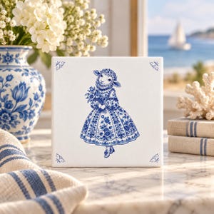 Sheep tile, Delft Blue Sheep tile, 3.94" x 3.94", Delft Blue, Backsplash, Blue and White Ceramic tile, Floral Lamb decor, Cottage gift, Lamb