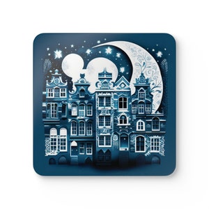 Canal Houses, Corkwood Coaster Set, Delft Blue, Amsterdam Canal Houses
