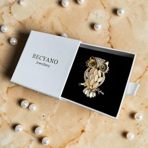May include: A gold-toned owl brooch with green and clear crystal accents, presented in a white box with the brand name "BECYANO Jewellery". The brooch is set against a black background, with scattered pearls on a marble surface.