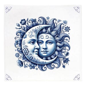 May include: A square, white decorative tile featuring a blue and white illustration of the sun and moon embracing. The sun has a face with flowing rays, and the moon is a crescent with floral details. Floral accents surround the celestial figures.
