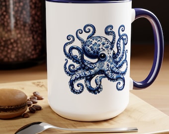 Octopus, Two-Tone Coffee Mug, 15oz, Delft Blue, Coffee, Tea, Blue, Ceramic, coffee cup, coffee mug, delft blue ceramic, mug, sealife decor