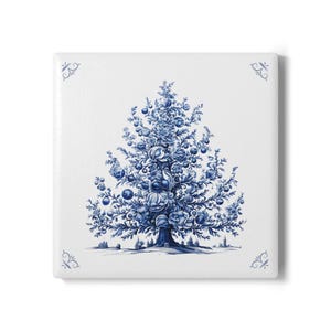 May include: Square ceramic tile featuring a blue and white floral Christmas tree design. The tree is adorned with stylized flowers and ornaments. The tile has decorative corner accents and a glossy finish, perfect for home decor.